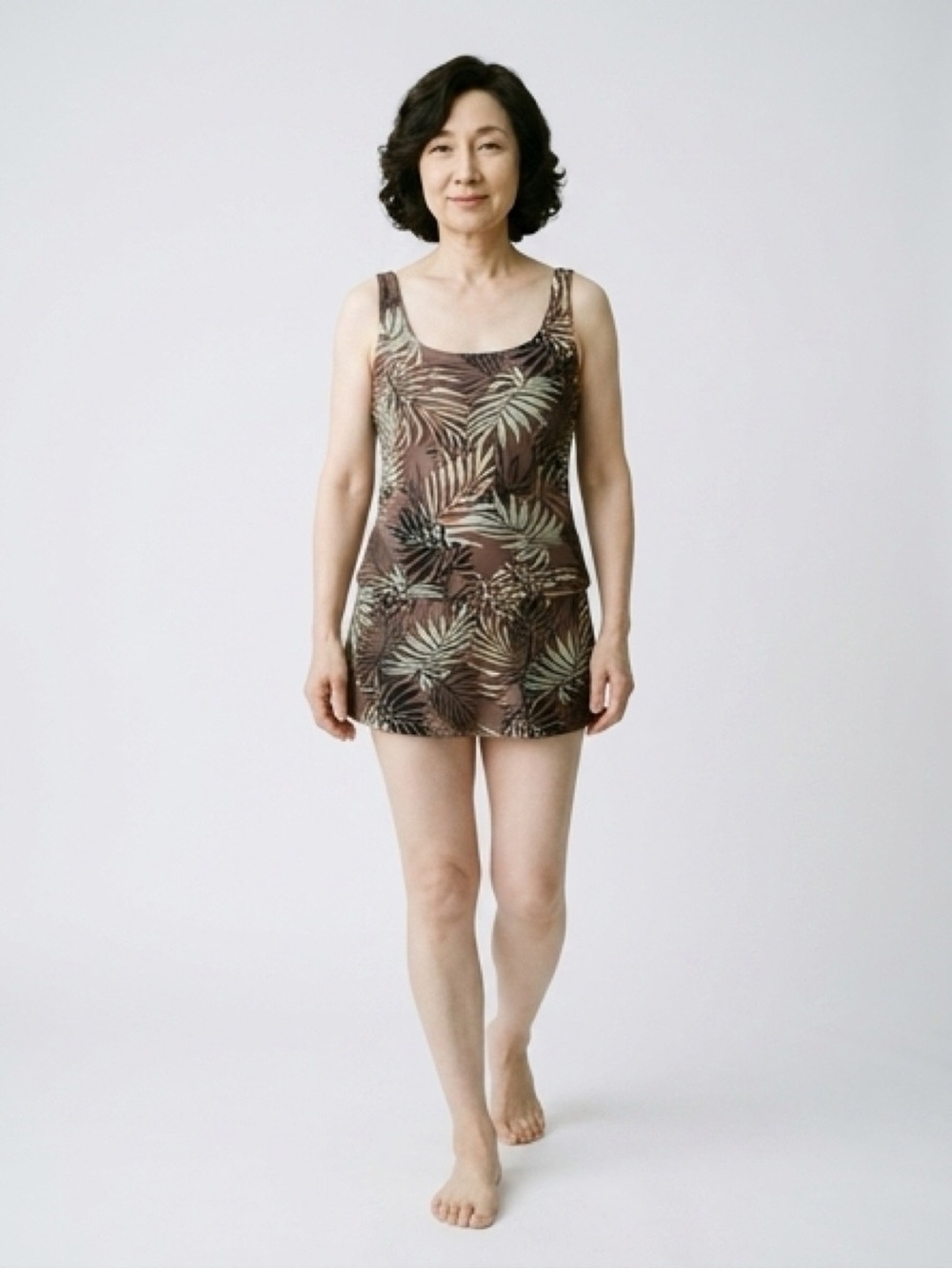 Blair Tropical Leaf Print Swim Tankini Top & Shorts  Swim Set Brown Sage Leaves